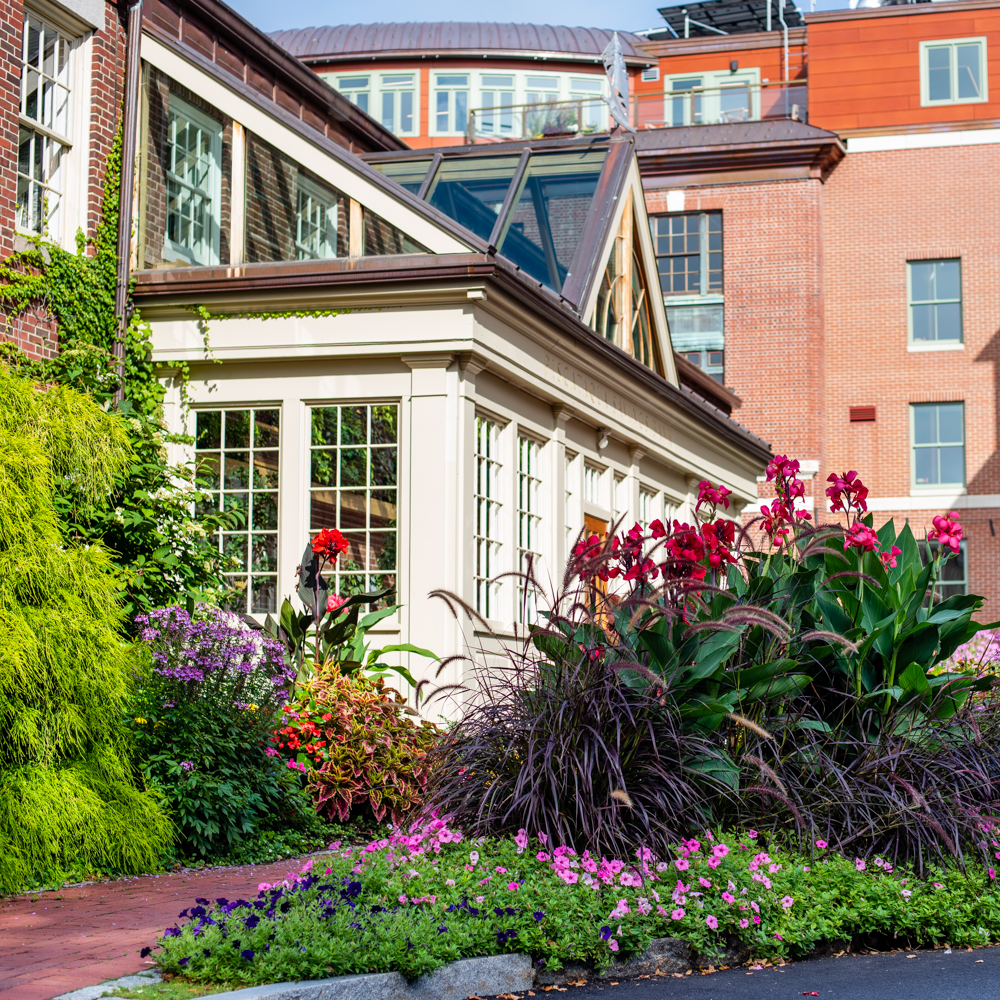 Exterior shot of Piscataqua Savings Bank gardens